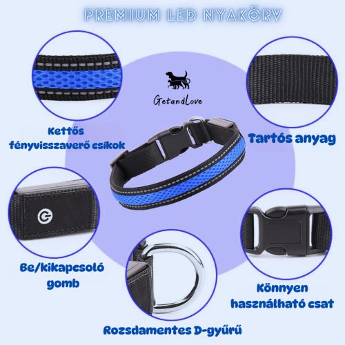 Világító LED kutya nyakörv – Kék / M méret